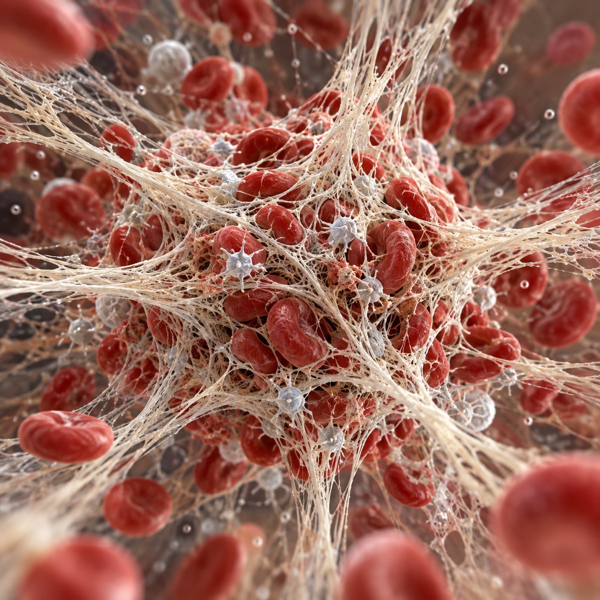 Dense fibrin fibers forming a three-dimensional mesh around red blood cells and activated platelets.
